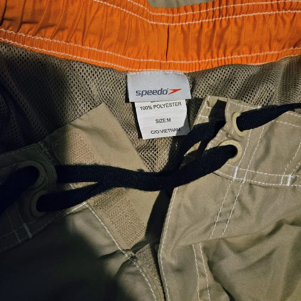 Speedo Men's Shorts Swim Trunks M Khaki Tan Navy Orange Drawstring Surf EUC